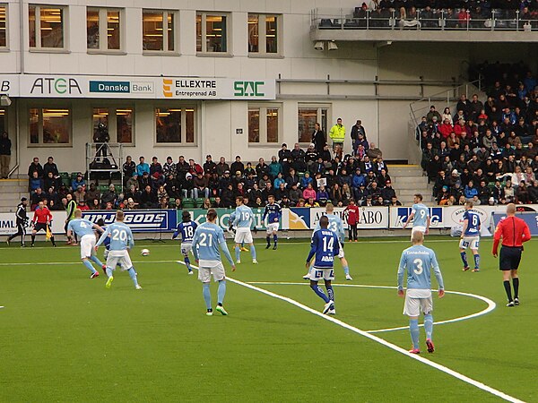 GIF Sundsvall in their traditional blue and white kits during an Allsvenskan game against Malmö FF.