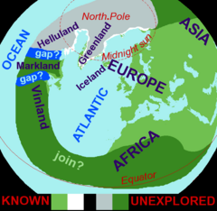 Image 97Based on the medieval Íslendingasögur sagas, including the Grœnlendinga saga, this interpretative map of the "Norse World" shows that Norse knowledge of the Americas and the Atlantic remained limited. (from Atlantic Ocean)