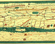 Detail of the Tabula Peutingeriana showing northern Italy between Augusta Pretoria (Aosta) and Placentia (Piacenza); the Insubres are marked as inhabiting the Po Valley upstream of Ticeno (Pavia) and downstream of the Trumpli and Mesiates which occupy the upper reaches of the Sesia and Agogna rivers. ORL 61 Tabula Peutingeriana.jpg