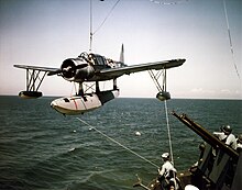 US Navy OS2U hoisted aboard the USS Missouri (BB-53), 1944 OS2U is hoisted aboard USS Missouri (BB-53) in 1944.jpg