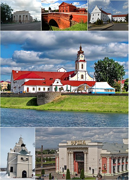 Top: Orsha Saint Joseph Church, Mill Museum (Muzey Mlyn), Orsha Trinitarian Monastery, Center: The complex Jesuit Collegium of Orsha, Bottom: Orsha Ho