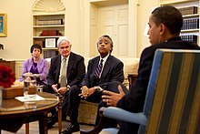 Senior Advisor Valerie Jarrett, Gingrich and Al Sharpton meet with President Barack Obama in May 2009