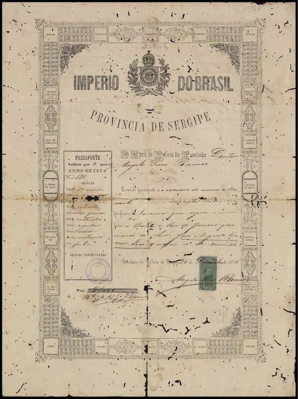 Passport granted to the slave Manoel by Angelo Pires Ramos, chief of police in the province of Sergipe, on 21 December 1876, authorising him to travel to Bahia and Rio de Janeiro in order to be sold.