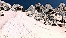 Two climbers ascending the Hogsback and approaching the Pearly Gates Pearly Gates of Mount Hood.jpg