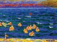 Tableau représentant sous une bande de ciel au soleil couchant une masse d'eau avec de petites taches de couleurs vives et claires qui sont les baigneurs.