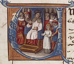 Miniature of Pierre Cauchon presiding at Joan of Arc's trial, unknown author (15th century, Bibliotheque nationale de France) Pierre Cauchon-Jeanne Darc manuscript.jpg