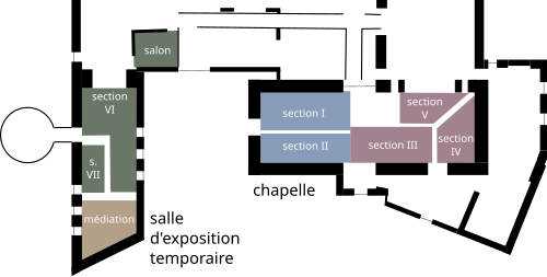 Vue schématique d'une partie du musée d'art Roger-Quilliot à Clermont-Ferrand présentant la répartition des différentes sections de l'exposition Les mystères de Pascal : sections de I à VII, salon, et médiation. Un code couleur identifie en bleu les sections I et II, en bordeaux les sections III, IV et V, en vert les sections VI, VII et le salon, et en doré l'espace de médiation.