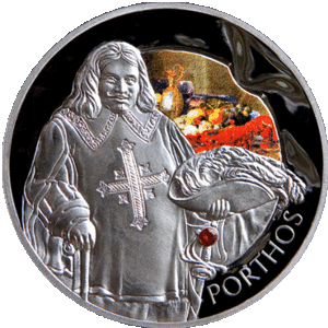 Portrait de Porthos sur une monnaie biélorusse commémorative.