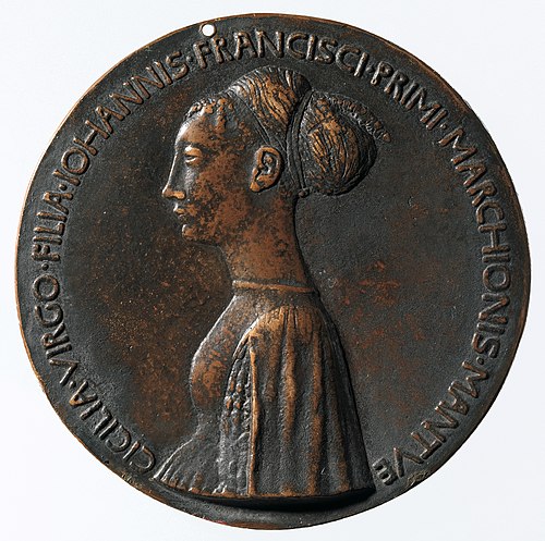 Obverse of medal distributed by Cecilia Gonzaga's family to political allies, a common practice in Renaissance Europe. Designed by Pisanello in 1448.