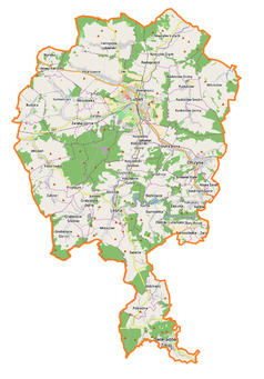 Mapa konturowa powiatu lubańskiego, po prawej nieco u góry znajduje się punkt z opisem „Radostów Górny”