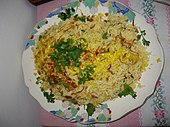 Rakhine mont di fish soup with garnish Rakhinemontdi.JPG