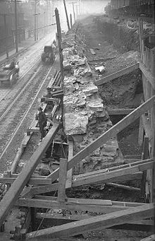 Replacement of retaining wall of B&O in Hazelwood, Pittsburgh, 1906 Replacing Baltimore and Ohio Railroad Retaining Wall, 1906.jpg