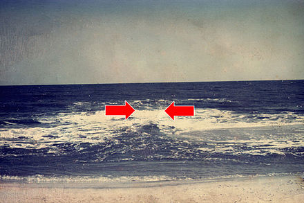 Rip current in the ocean. Rip currents are often very difficult to spot with one's bare eyes, take caution in any body of water