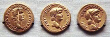 Roman gold coins excavated in Pudukottai India one coin of Caligula 31 41 and two coins of Nero 54 68.jpg