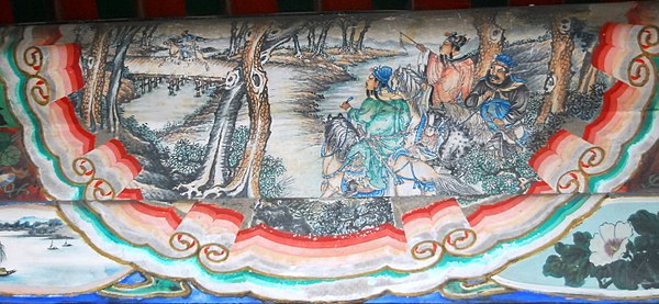 An illustration "Xu Shu recommends Zhuge (Liang) while on horseback" (走馬薦諸葛) at the Long Corridor of the Summer Palace, Beijing.