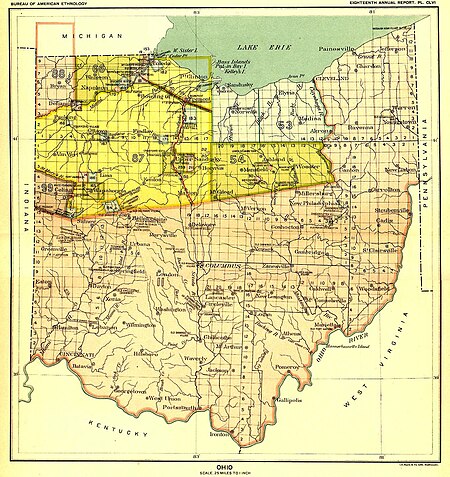 The area on the east and south labeled 11 was ceded by the Treaty of Greenville in 1795. The two areas on top labeled 53 and 54 were ceded in 1805 with the Treaty of Fort Industry Royce-areas-ohio.jpg