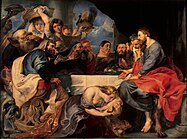 Peter Paul Rubens and Anthony van Dyck. A woman washes Christ's feet in the house of Simon the Pharisee label QS:Len,"A woman washes Christ's feet in the house of Simon the Pharisee" label QS:Lpl,"Kobieta obmywająca stopy Chrystusa w domu Szymona faryzeusza" label QS:Lnl,"Een vrouw wast de voeten van Jezus in het huis van Simon de Farizeeër" . circa 1615 date QS:P,+1615-00-00T00:00:00Z/9,P1480,Q5727902 . oil on canvas medium QS:P186,Q296955;P186,Q12321255,P518,Q861259 . 189 × 254.5 cm (74.4 × 100.1 in). Saint Petersburg, Hermitage Museum.