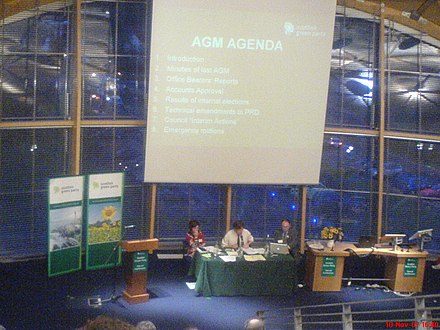 The chairman's table at the Scottish Green Party's Autumn conference in November 2007. Note the agenda displayed on the screen behind.