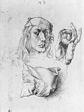Autoportrait avec un oreiller, dessin de 1491-1492. Cette étude pour l'autoportrait du Louvre figure sur l'inverse de cette toile. On remarquera la similitude dans la position des doigts, bien que ce dessin montre sa main gauche[17].