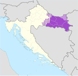 La regione della Slavonia (viola scuro) in Croazia includeva aree più a ovest.