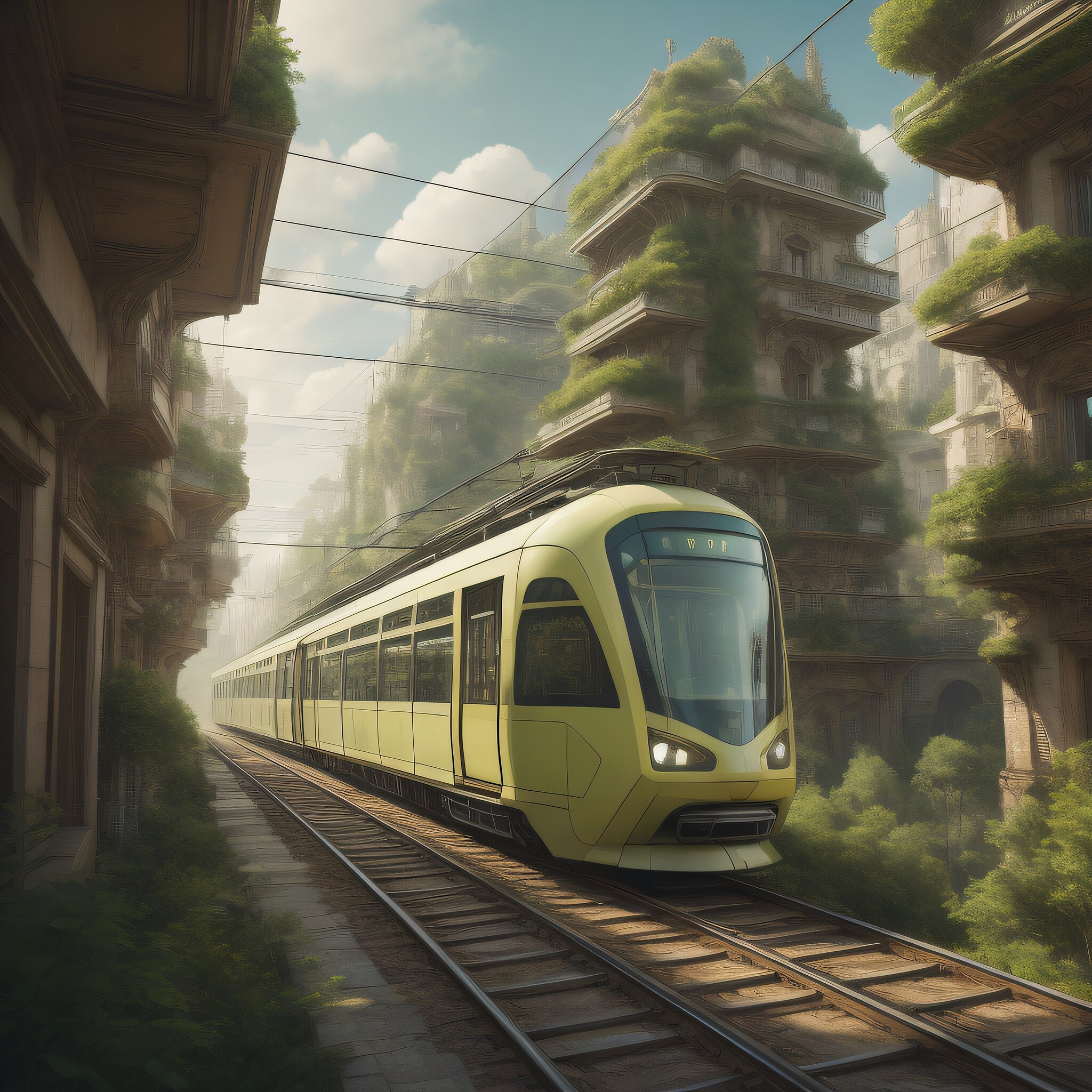 A train gliding through a solarpunk inspired city I built with a