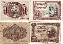 Billetes de los años 1950 en los que aparecen el Marqués de Santa Cruz, Álvaro de Bazán y Don Quijote.