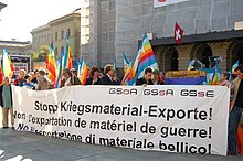 Demonstration, in front of the Federal Palace of Switzerland, in support of the federal popular initiative "for a ban on the export of military equipment", in 2007. The votation was organised on 29 November 2009. Stop Kriegsmaterial-Exporte GSoA, Einreichung Initiative.jpg