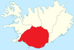 The Southern Region (Suðurland) on a map highlighted in red