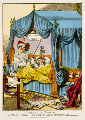 'Williams' cartoon from Caricature magazine; "Tameing a Shrew; or, Petruchio's Patent Family Bedstead, Gags & Thumscrews" (1815).