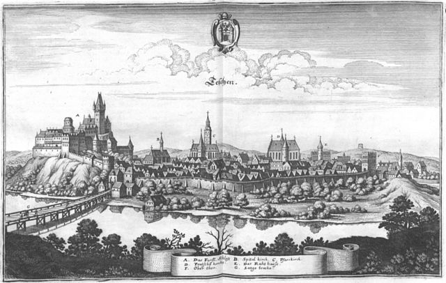 Copper engraving by Matthäus Merian from c. 1640 depicting the town