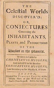 Title page for The Celestial Worlds Discover'd (Christiaan Huygens, 1698), one of the subjects of Vakoch's "The Evolution of Extraterrestrials" The Celestial Worlds Discover'd.jpg