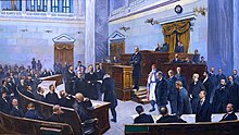 The Hellenic Parliament in the 1880s, with PM Charilaos Trikoupis standing at the podium The Hellenic Parliament by N. Orlof (1930) on November 3, 2022.jpg