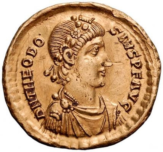 The new Emperor of the Eastern Roman Empire, Theodosius I. Legend: DN THEODOSIVS P F AVG