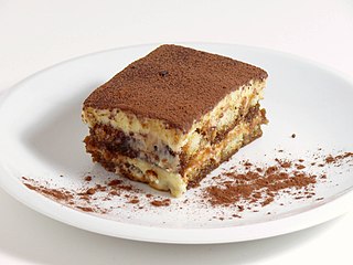 Tiramisu is a coffee-flavoured Italian dessert. It is made of ladyfingers (savoiardi) dipped in coffee, layered with a whipped mixture of eggs, sugar and mascarpone cheese, flavoured with cocoa. The recipe has been adapted into many varieties of cakes and other desserts. Its origins are often disputed among Italian regions Veneto and Friuli Venezia Giulia.