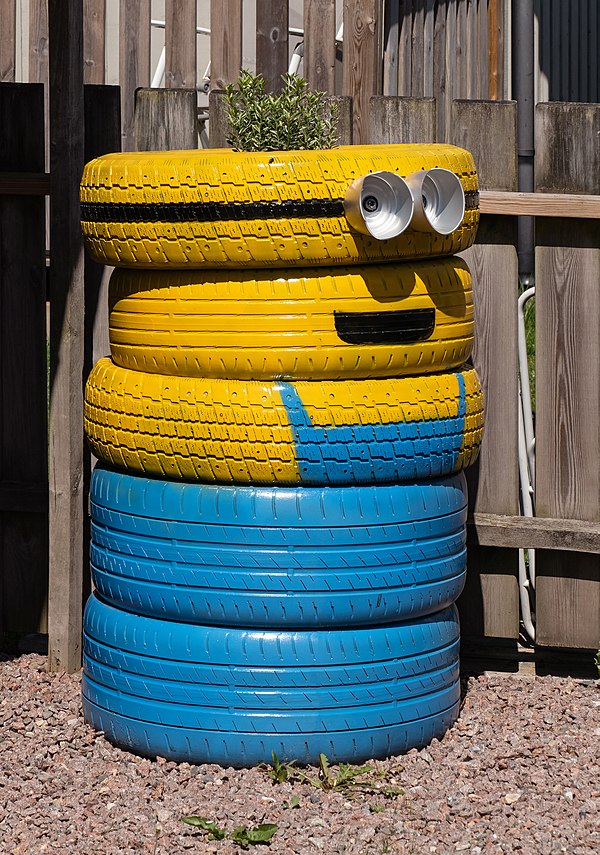 Tires recycled as Minion garden art in Brodalen, Sweden