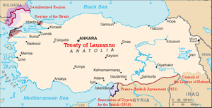 Ostateczne granice Turcji ustalone traktatem w Lozannie (1923). Zaznaczono strefy zdemilitaryzowane