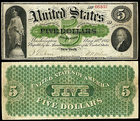 $5 Demand Note, depicting Alexander Hamilton and the Statue of Freedom