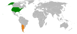 Mapa označující umístění USA a Argentiny