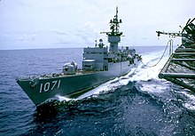 Badger being refueled by the carrier Midway in the South China Sea in 1975. USS Midway (CV-41) refueling USS Badger (FF-1071) 1975.jpg