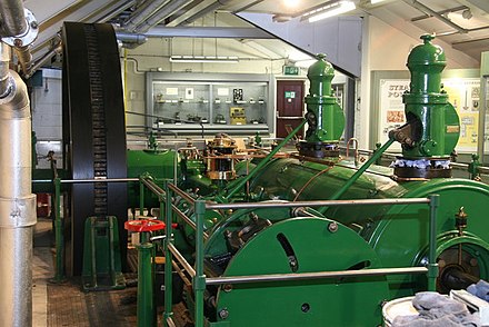 A mill engine with manual barring. The large flywheel on the left has a ring of teeth, which may be engaged with a crowbar resting on the green-painted support. Uniflow steam engine, Bradford Industrial Museum - geograph.org.uk - 2195277.jpg