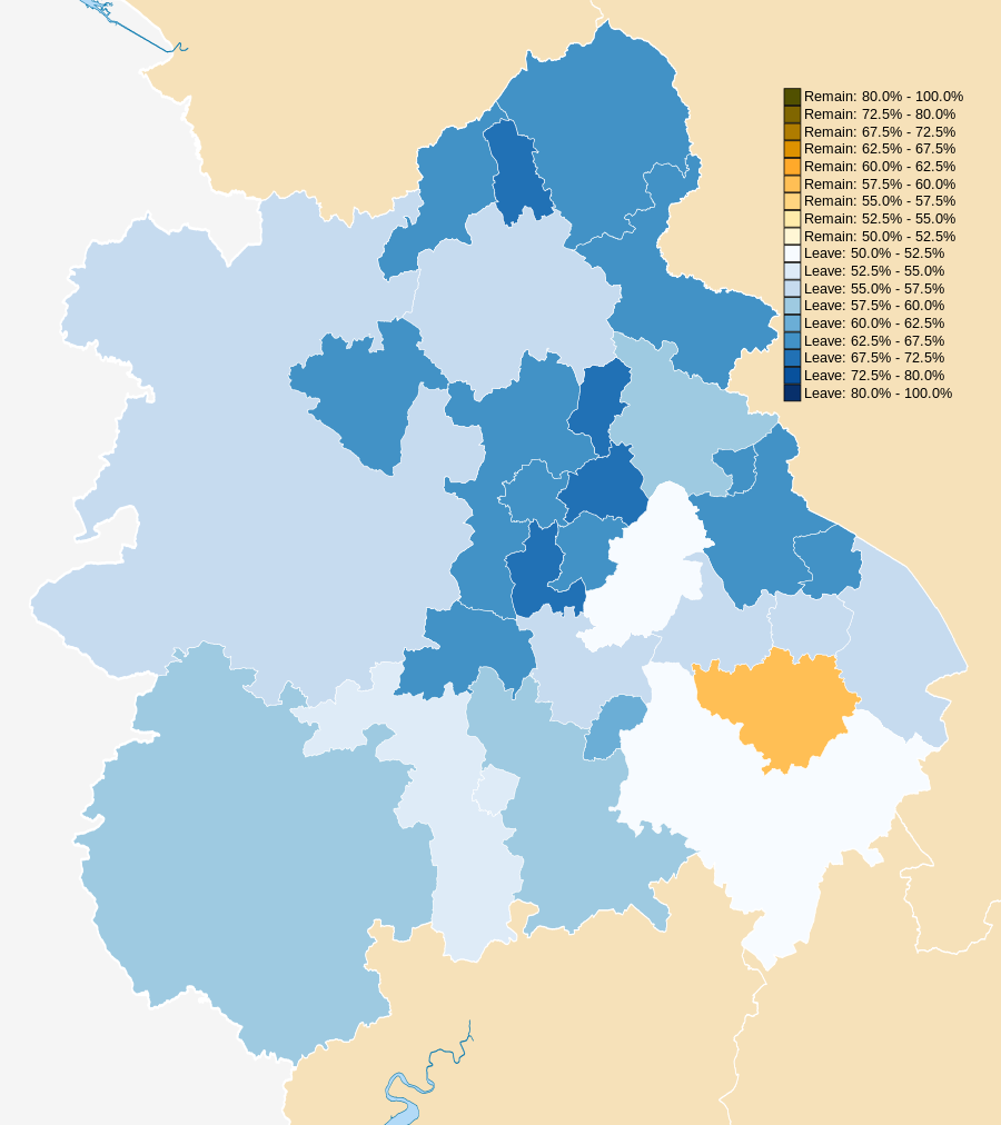 How the West Midlands region voted in the June 2016 European Union referendum; only the (university) district of Warwick voted (58.8%) to stay in the EU; the region had the highest overall vote (59.3%) to leave, with large proportions in Stoke-on-Trent (69.4%) and Cannock Chase (68.9%)