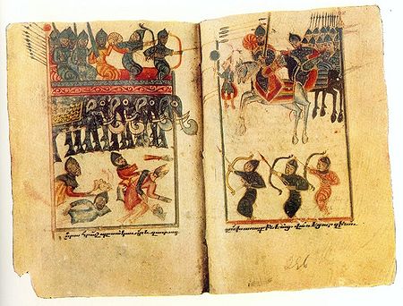 Miniature arménienne médiévale représentant les éléphants de guerre sassanides à la bataille d'Avarayr.