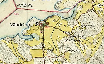 Vendelsö på Topografiska corpsens karta från 1861 och på Häradsekonomiska kartan från sekelskiftet 1900.