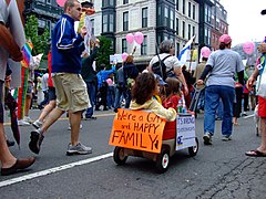 LGBT families, like these in a 2007 Boston pride parade, are labeled as non-heterosexual by researchers for a variety of reasons Were a gay and happy family wagon.jpg