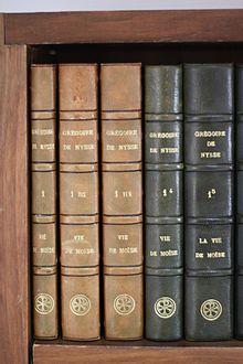 Image of the first editions of the Sources Chrétiennes on a bookshelf in the library of the Institute in Lyon.