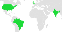 Valtiot, joiden alueilta Williamsonia-fossiileja on löydetty (Yhdysvallat, Brasilia, Iso-Britannia, Intia)