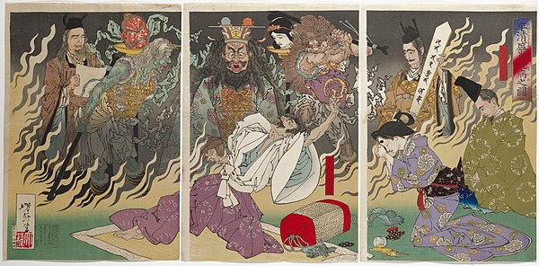 While suffering from a fever, Taira no Kiyomori is confronted by a vision of hell and the ghosts of his victims, in an 1883 print by Yoshitoshi.