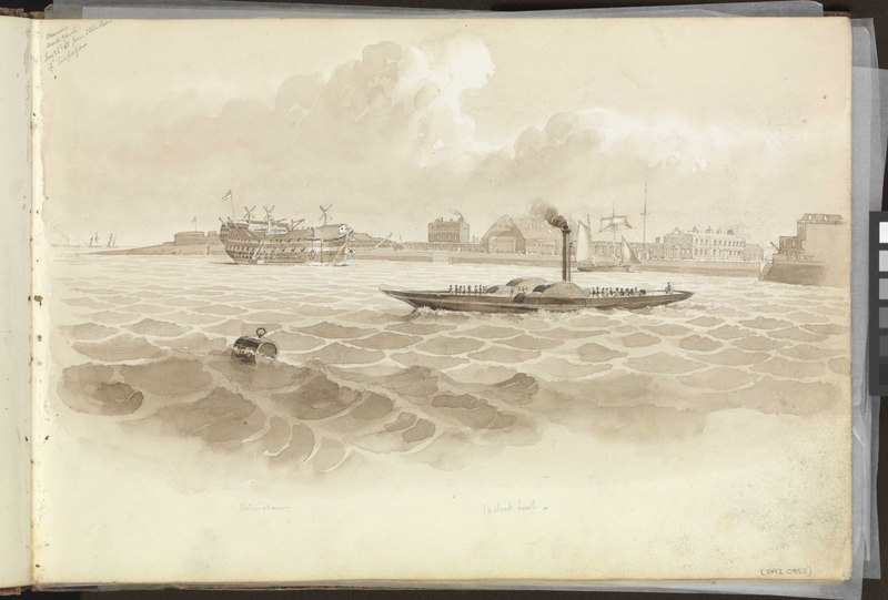File:(Recto) Sheerness Dockyard from stern port of the 'Trafalgar', 25 January 1851; (Verso) 'Monarch' at Sheerness from the 'Trafalgar' 29 January 1851 RMG PZ0855-001.tiff