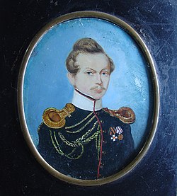 Александр Карлович Гирс в 1814 году в мундире Финляндского драгунского полка. Миниатюра работы неизвестного художника.