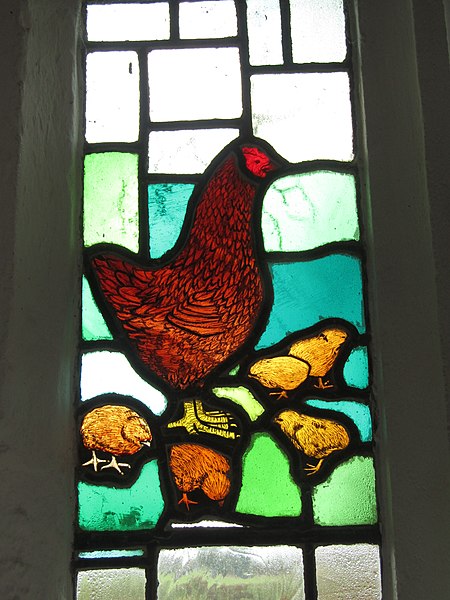 File:-2019-01-25 Chicken Stained glass widow in the porch, Saints Peter and Paul, Edgefield, Norfolk.JPG